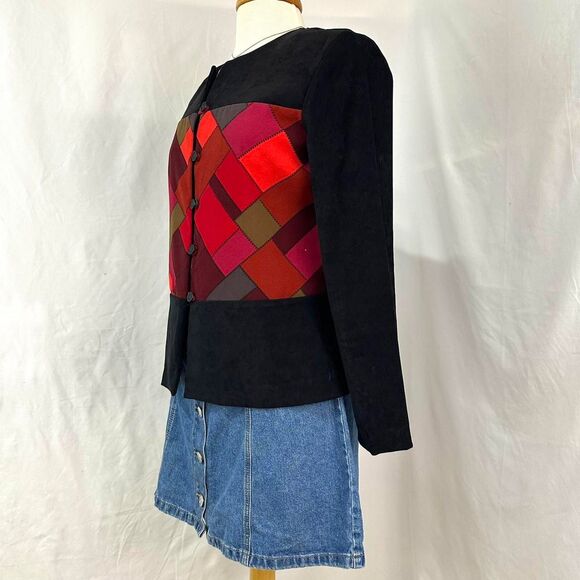 VTG 90s PRIDE & JOY Black Red Patchwork Faux Suede‎ Button Jacket Womens 10P - Picture 2 of 7